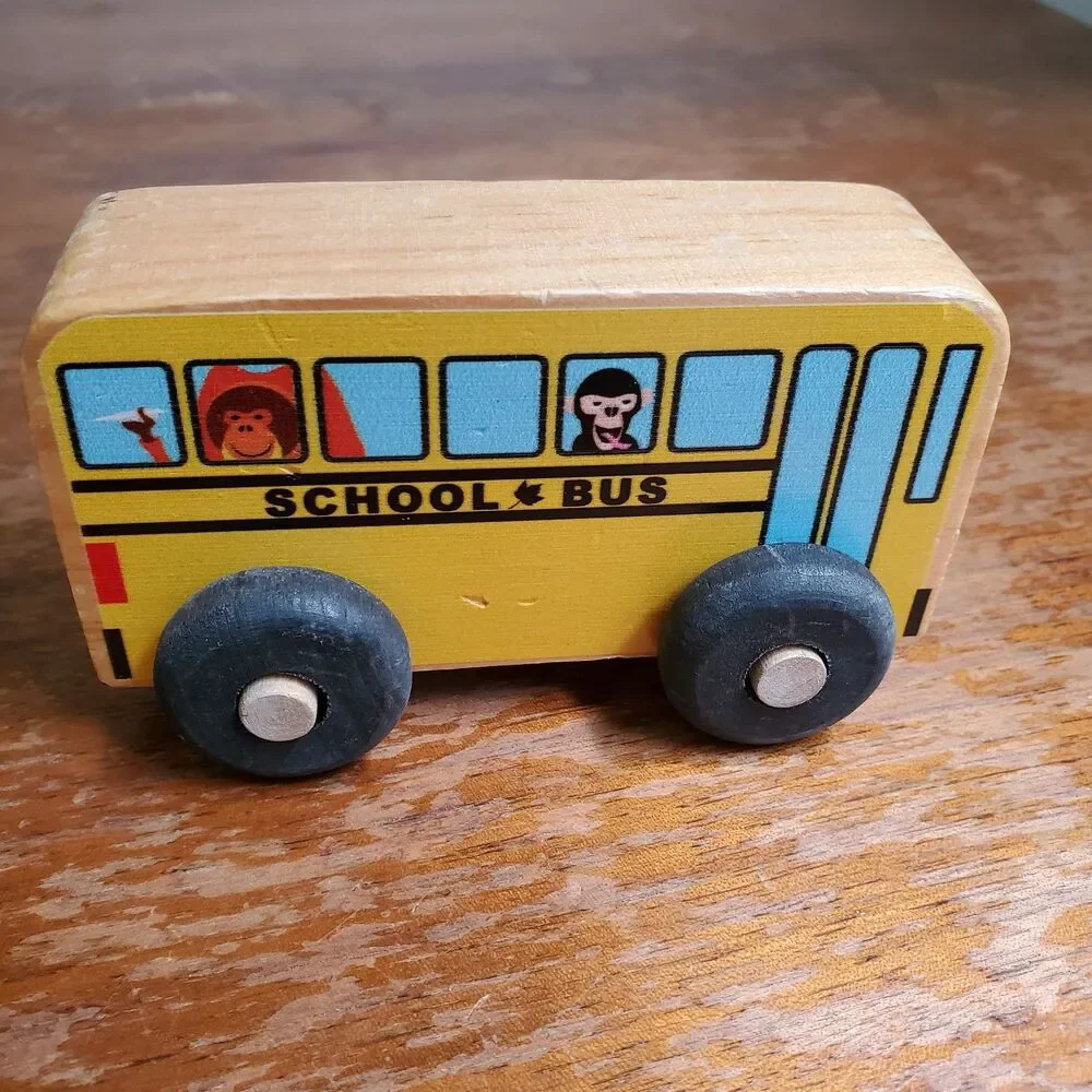 Vintage Maple Landmark School Bus Scoots Toy Monkeys All Wood 4